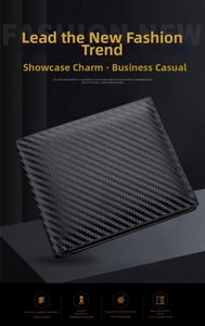 Detailed view of black carbon fiber wallet with clean stitching on geometric background
