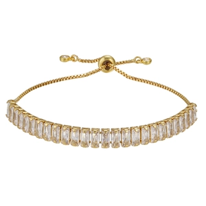 Elegant gold adjustable bracelet featuring a row of rectangular clear cubic zirconia stones
