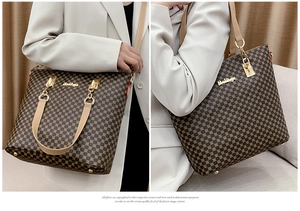 Classic brown tote bag with geometric floral print and adjustable shoulder straps