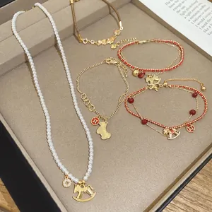 Imitation Artificial Pearl Necklace And Bracelet Jewelry With Zircon Rocking Horse Koi Fish Charms Gold Plated Elegant For Women