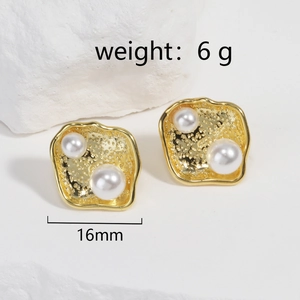 18k gold plated lava flower earrings with pearls and a 16mm geometric pleated design
