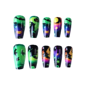 Halloween Sarg Kunstnägel Set mit schwarzen Fledermäusen, Hexenmotiven und Kürbissen