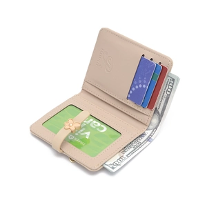 Short beige floral butterfly buckle foldable PU leather wallet with card slots for women