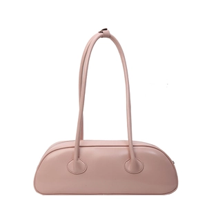 Minimalist pink leather underarm bag with high capacity and sleek baguette design