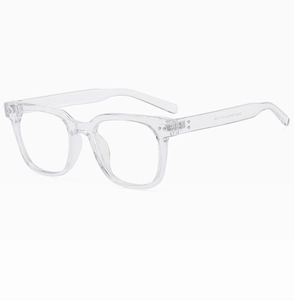Macro view of transparent square glasses frame showing dimensions and texture