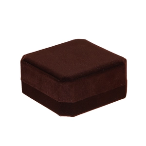 Detail view of a square dark brown velvet jewelry box with a classic flip-top lid design
