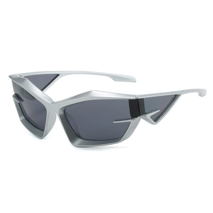 Futuristic silver geometric sunglasses with black lenses in a Y2K cyberpunk style