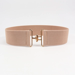 Elegant beige elastic wide waist belt with golden metal buckle for summer dresses