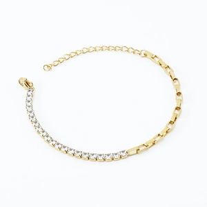 18K gold-plated stainless steel chain bracelet with CZ tennis link and box chain design