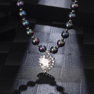 Luxury iridescent pearl necklace with a brilliant heart-shaped zircon pendant and crystals