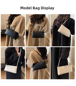 Collage of black and cream leather baguette bags shown from multiple model angles