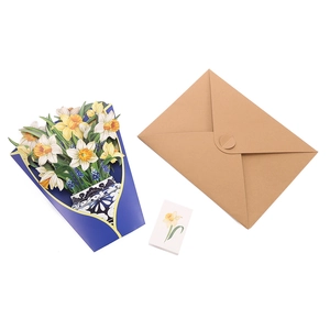 Detailed 3D pop-up narcissus flower card with a brown envelope and small gift note