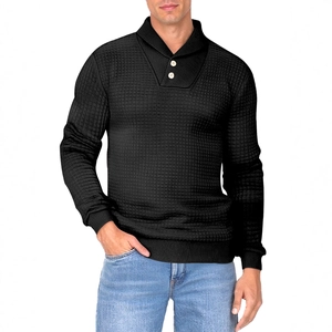 Men's black waffle knit long sleeve shirt with shawl collar and button details