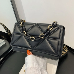 Geometric Quilted Shoulder Bag PU Leather Small Square Crossbody Bag Dual Wide Fabric Strap Decorative Resin Chain