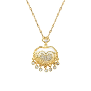 Luxurious gold titanium steel tassel lock necklace with sparkling crystal pave inlay