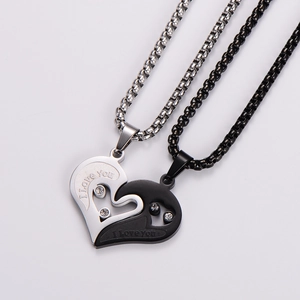 Silver and black heart pendant necklace with rhinestones and I Love You engraving