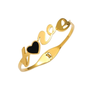 Gold stainless steel love bracelet with black heart accent and adjustable open design