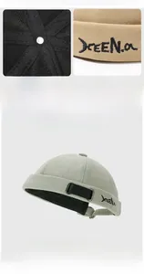 Detail of adjustable black strap and interior lining on embroidered cotton docker cap