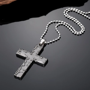 Punk vintage cross pendant necklace with embossed textures and silver bead chain