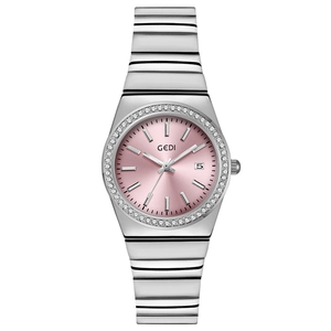 Silver quartz watch for women with pink dial, crystal bezel and calendar display function