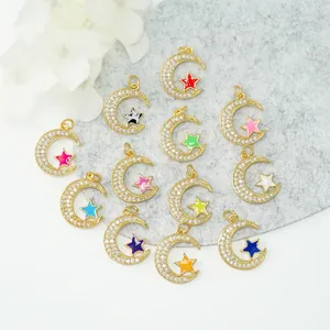 Star and moon pendants with 18K gold plating and colorful zircon inlays for jewelry making