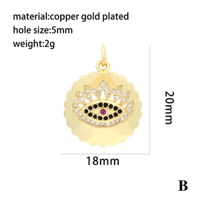 Detail view of a 18mm gold plated crown evil eye pendant with technical dimensions