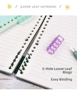 Close-up of transparent purple and green 5-hole loose-leaf binding rings on a notebook