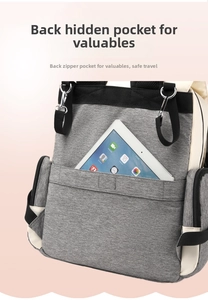 Detail of the anti-theft back pocket on the gray and beige canvas diaper backpack