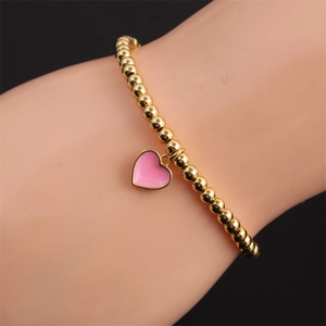 Fashion Copper Gold Plated Round Bead Elastic Bracelet With Colorful Enamel Heart Charm For Women