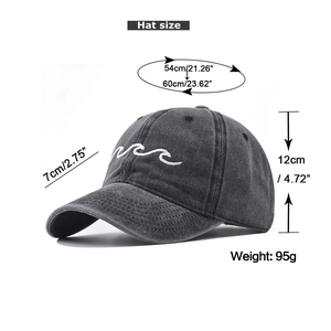 Detailed sizing specifications for washed cotton baseball cap with wave embroidery