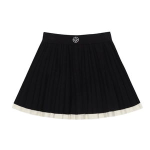 Jupe plissée en tricot rétro avec bordure contrastée noire et blanche et logo brodé