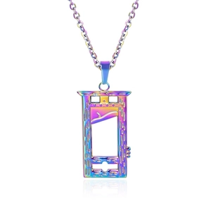 Macro shot of 18k rainbow plated stainless steel guillotine pendant with detailed O-chain