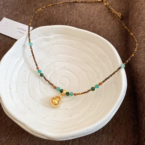 Ethnic gourd pendant necklace with zircon tiger eye beads and golden lobster clasp