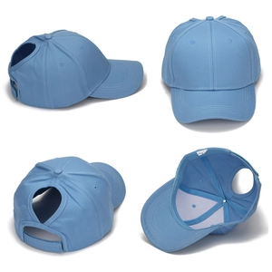 Light blue cotton ponytail baseball cap with adjustable strap, multi-angle view