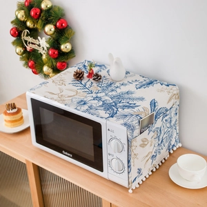 Microwave Oven Dust Cover Cotton Linen Fabric Protective Case With Side Pockets White Pom Pom Trim Floral Geometric Patterns Home Kitchen Decor