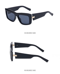 Cat eye sunglasses detail showing black frame and gold metal hinges from side views