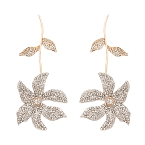Elegant gold drop earrings with floral design and sparkling crystal rhinestones