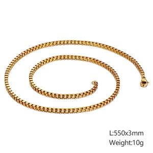 Macro detail of 3mm gold box chain necklace with lobster clasp and 550mm length spec