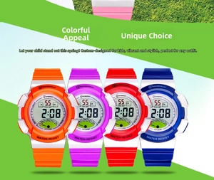 Waterproof digital kids watch in orange purple red and blue colors for girls