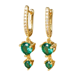Detail of S925 silver gold-plated earrings with green zircon pendants and white stones