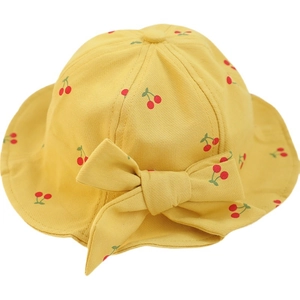 Yellow cotton baby bucket hat with red cherry pattern and cute bow decoration