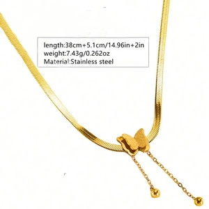 Golden stainless steel butterfly necklace with tassel showing size and weight specs