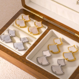 Double-layer fan-shaped stainless steel earrings with shell inlay in a wooden jewelry box