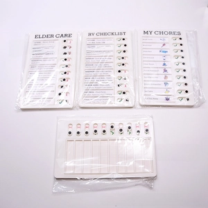 Checklist boards for RV, Elder Care, and My Chores with sliding markers and blank template
