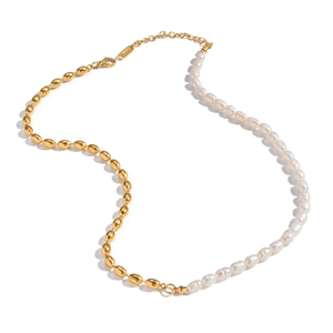 Vintage gold rice chain and white baroque pearl necklace with an adjustable clasp