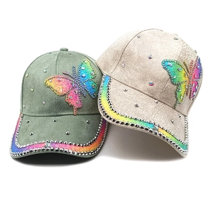 Suede baseball cap set with rhinestone butterfly embroidery and studded brim details