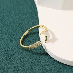 Elegant adjustable gold crescent moon ring with sparkling zircon insets for women
