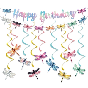 Dragonfly Birthday Party Decoration Colorful Paper Insect Theme Happy Birthday Banner And Hanging Swirls Party Supplies