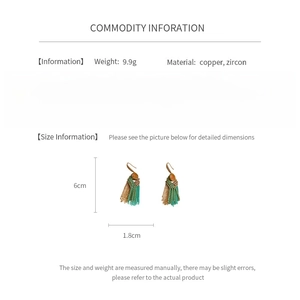 Detailed chart showing 6cm zircon tassel earrings dimensions and copper material specs