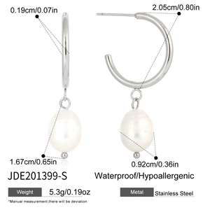 Detail view of silver stainless steel hoop earrings with pearl charms and size dimensions